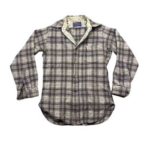 Vintage Pendleton Wool‎ Flannel Shirt Plaid Tan Blue Brown Women Small USA Made
